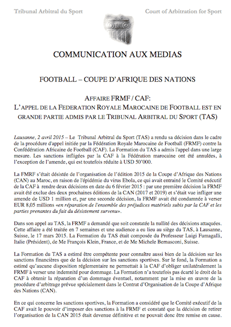 CAN : Le TAS annule l’exclusion du Maroc