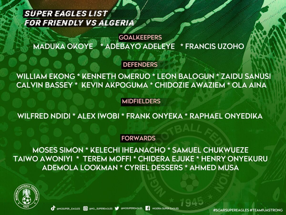 Liste du Nigeria contre l'Algérie