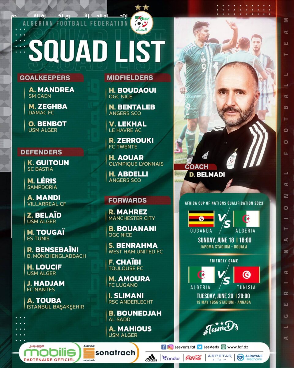 Liste Algérie contre l’Ouganda et la Tunisie