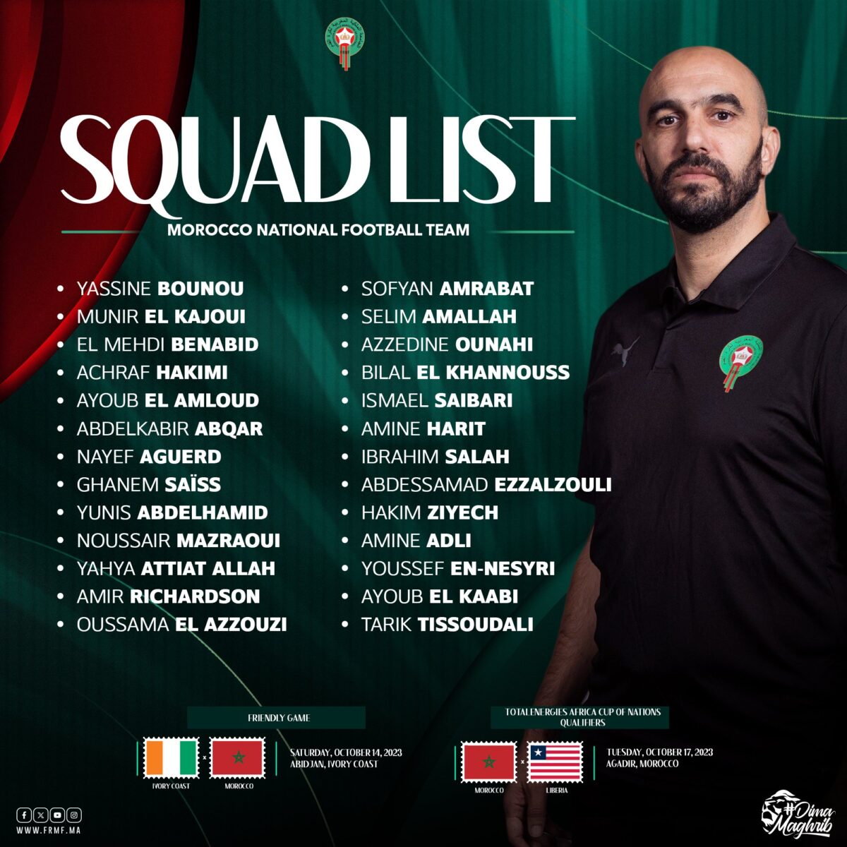 La liste du Maroc contre la Côte d'Ivoire et le Liberia