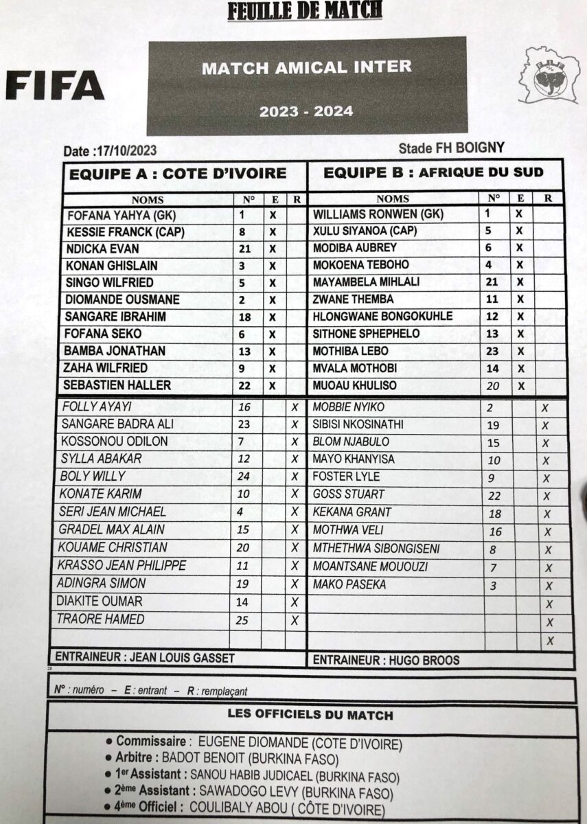 Côte d'Ivoire-Afrique du Sud, compos