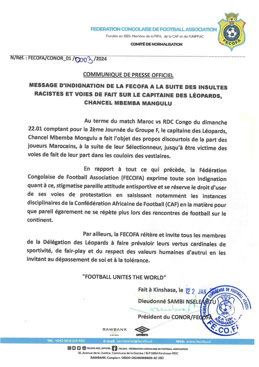 Communiqué Fecofa Maroc RDC Regragui Mbemba