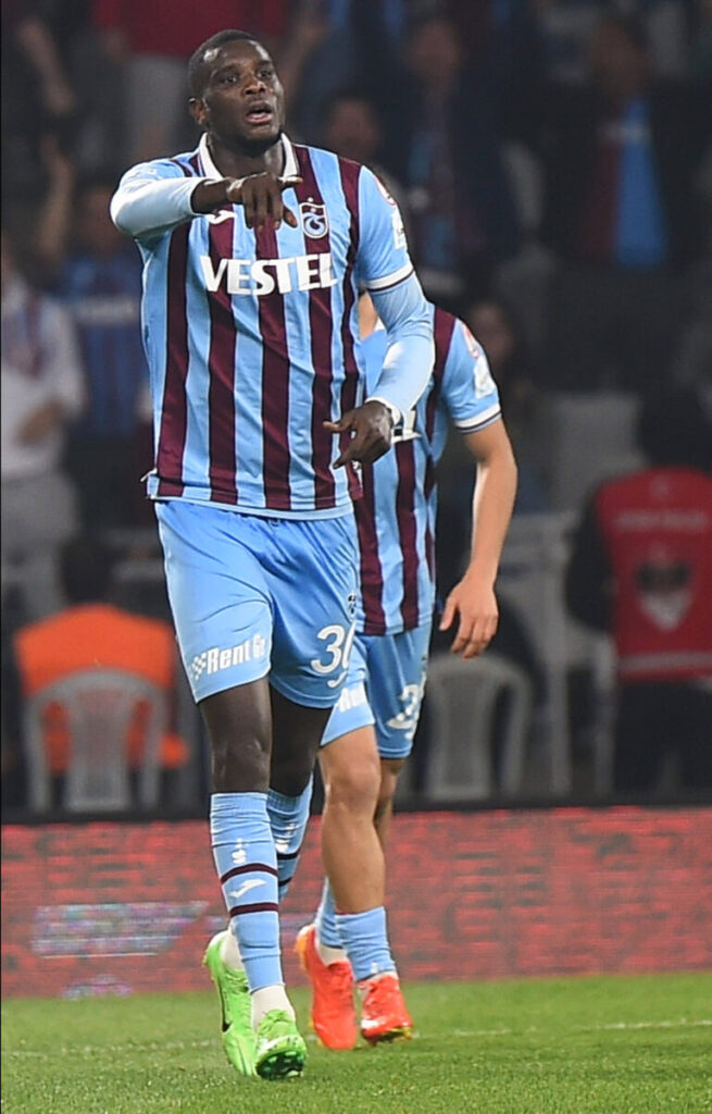 Paul Onuachu (30) of Trabzonspor celebrates after scoring the first goal of his team with teammates during the Turkish C
