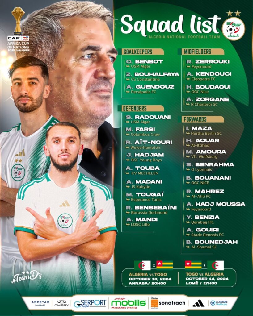 La liste de l'Algérie contre le Togo