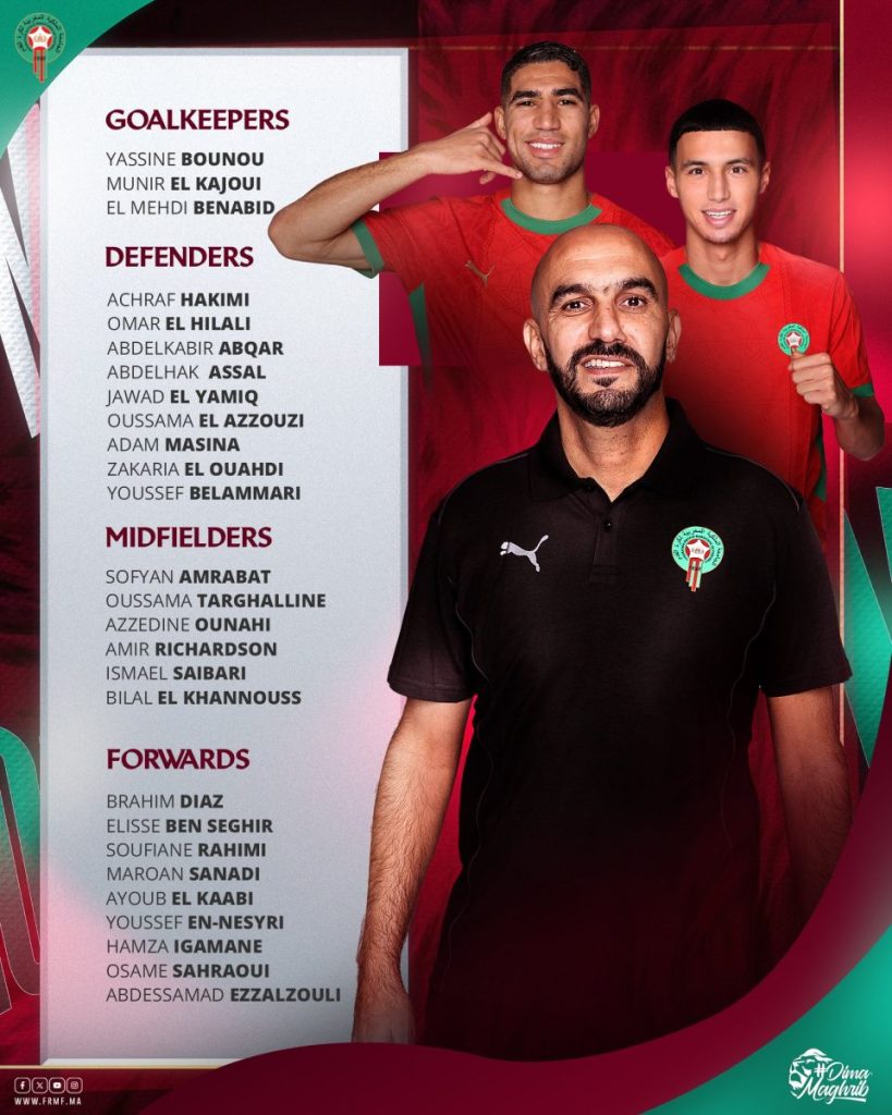La liste du Maroc contre la Tunisie et le Bénin