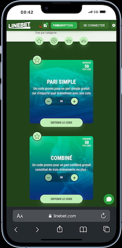 Magasin des codes promos sur l'application Linebet
