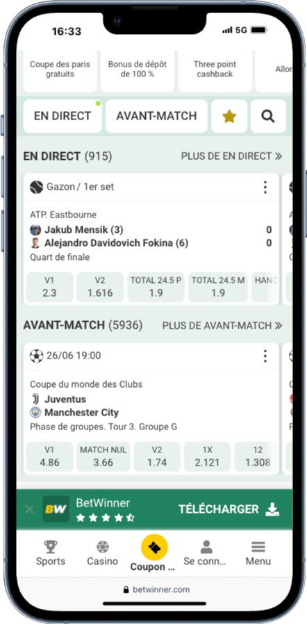 Le design de l'APK Betwinner pour placer un pari en ligne