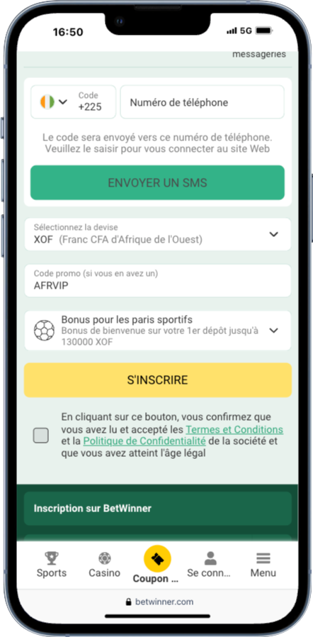 S'inscrire sur l'APK Betwinner