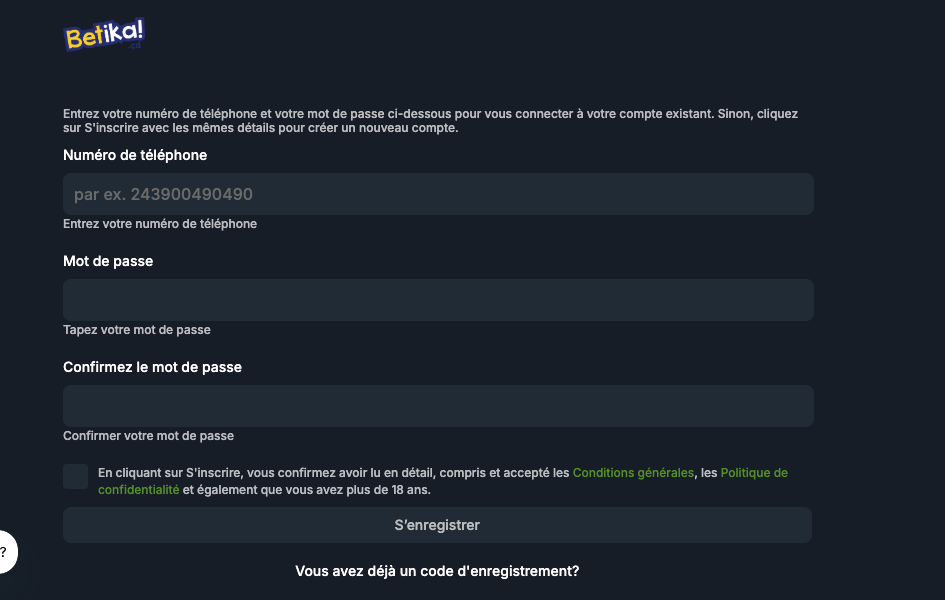S'inscrire sur Betika avec le code promo