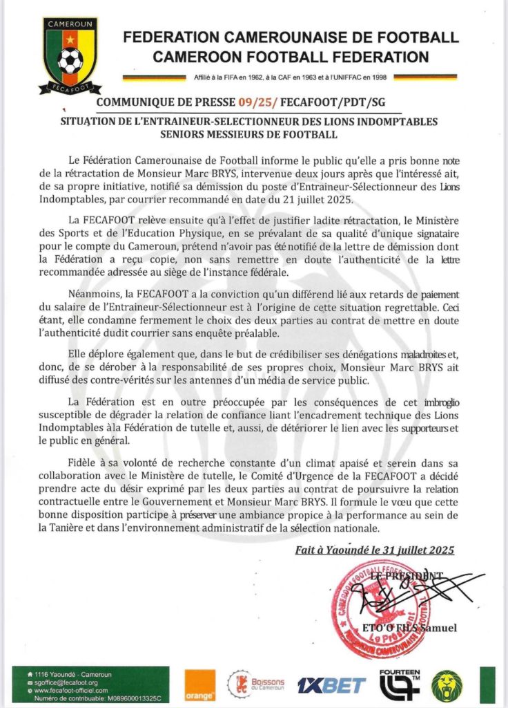 La Fecafoot conforte Marc Brys à son tour