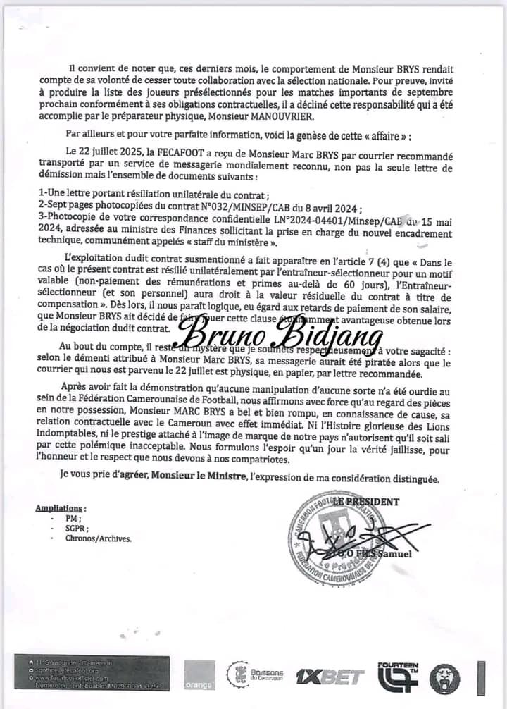 Réponse de la Fecafoot d’Eto’o au Minsep 2