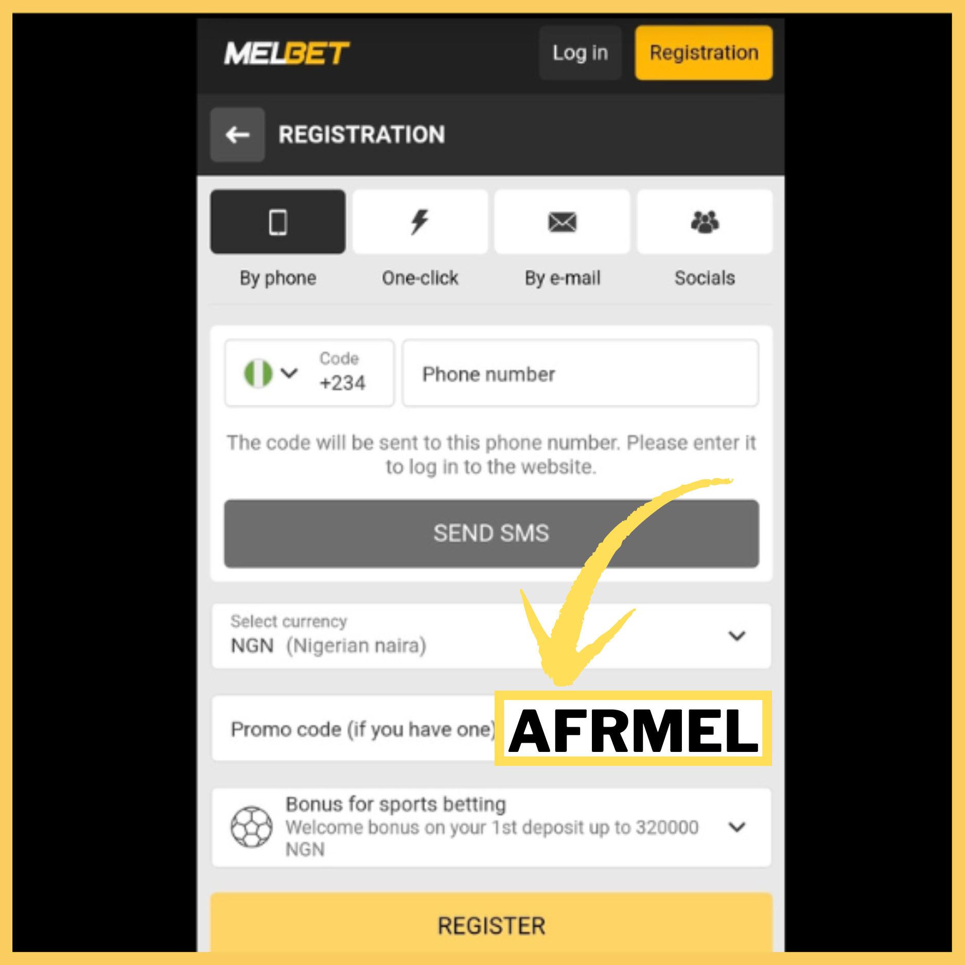 Where to enter the promo code AFRMEL during your Melbet registration