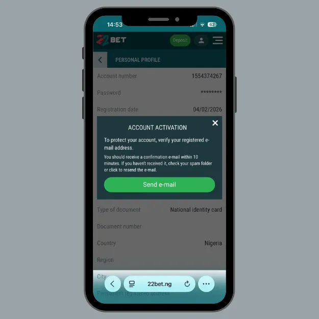 22bet registration email verification