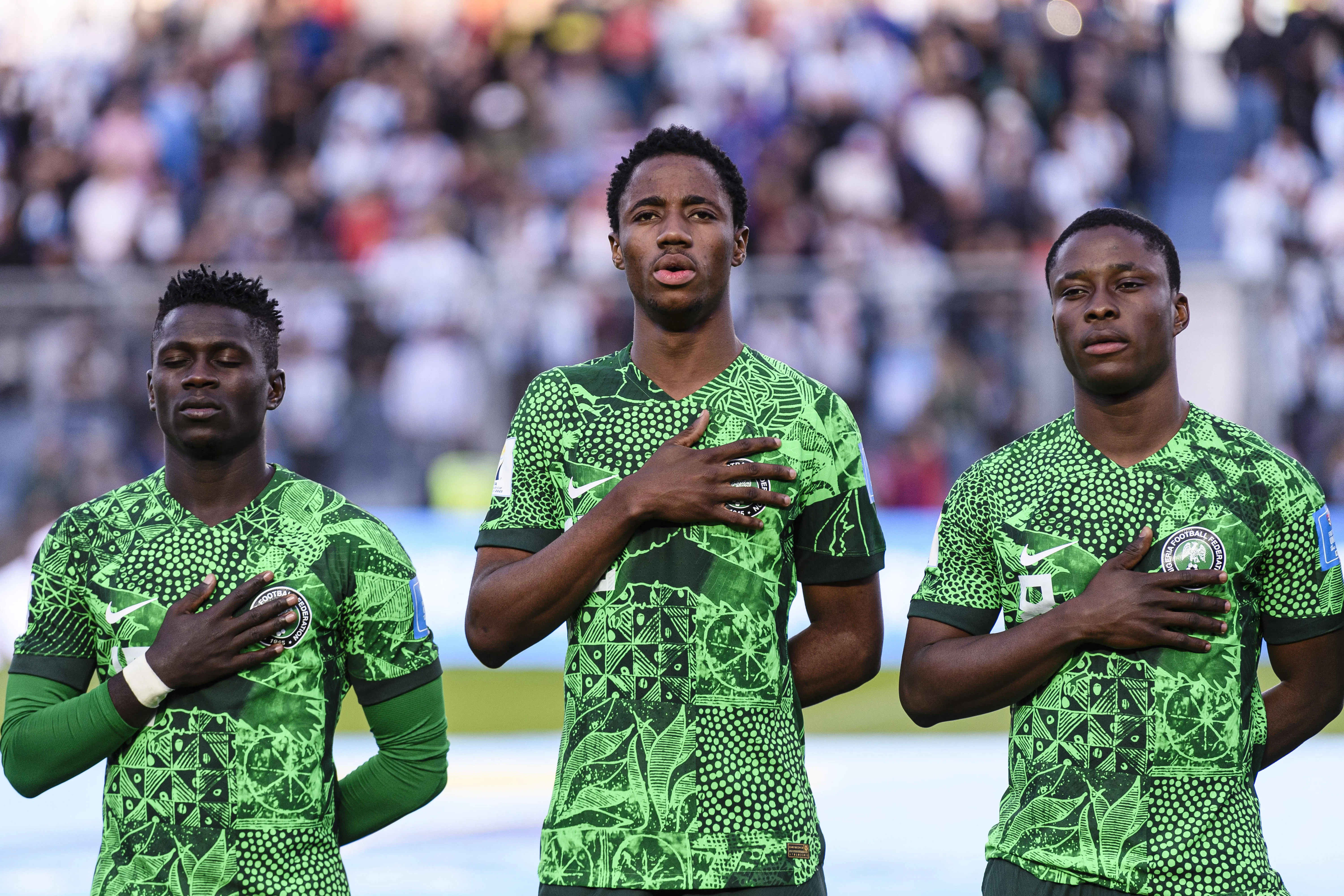 Jude Sunday, Benjamin Fredrick and Tochukwu Nnadi of Nigeria during FIFA U-20 World Cup in 2023
