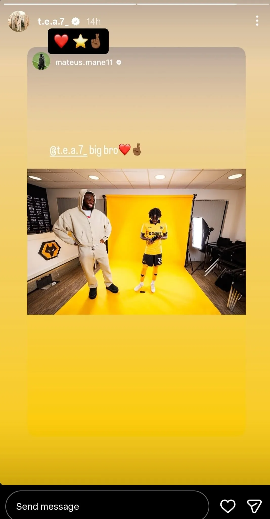 Tolu Arokodare reposting Mateus Mane's post