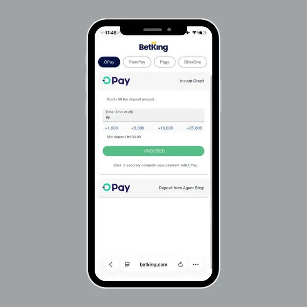 BetKing deposit page showing OPay selected as the payment method.
