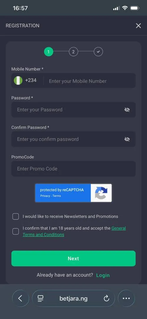 BetJara registration form with fields for phone number, password, promo code, age confirmation and newsletter consent.