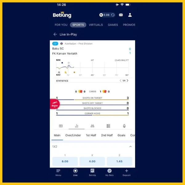 Live stats page on the BetKing App