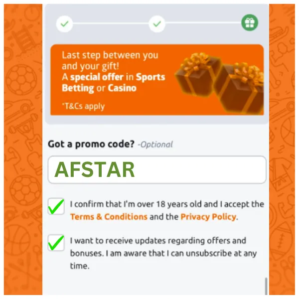 Betano promo code AFSTAR is inserted at registration form