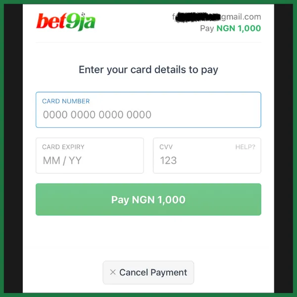 The image appears to be a payment page for Bet9ja, prompting the user to enter their card details to pay NGN 1,000. Let me know if you need any assistance regarding this.