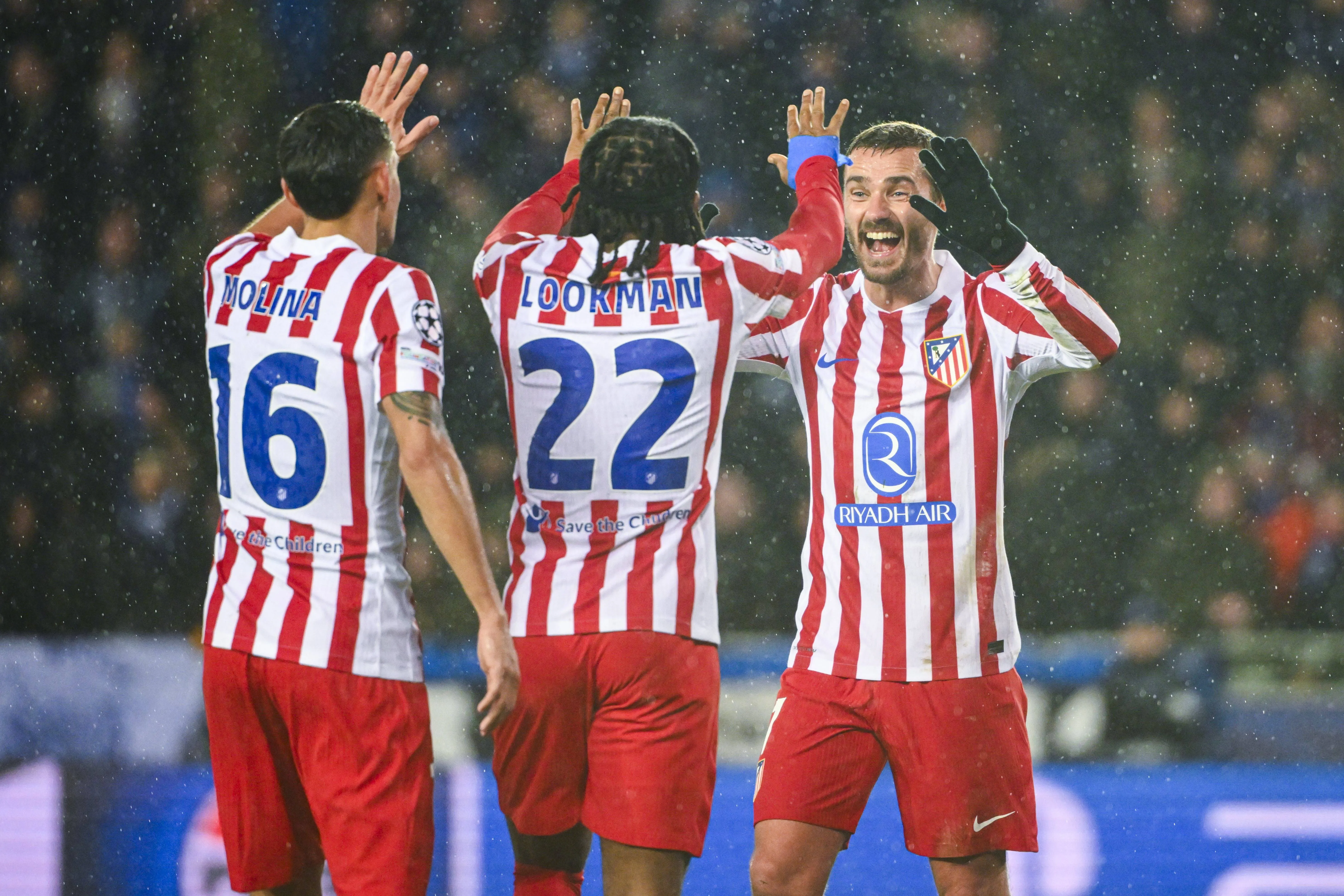 Lookman Ademola of Atletico Madrid celebrating scoring a goal during the UEFA Champions League phase play-off match first leg between Club Brugge and Atletico de Madrid