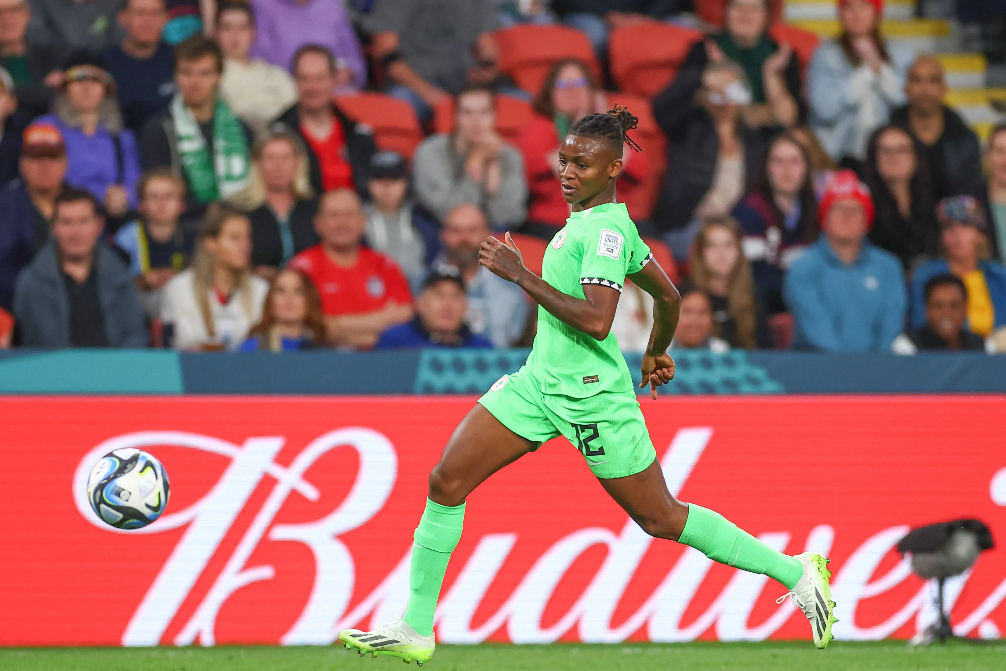 FIFA Women s World Cup 2023 England Women v Nigeria Women Uchenna Kanu 12 of Nigeria runs with the ball during the FIFA Women s World Cup 2023 match England Women vs Nigeria Women at Suncorp Stadium, Brisbane, Australia, 7th August 2023 Photo by Patrick Hoelscher/News Images Brisbane Suncorp Stadium Queensland Australia