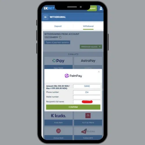 1xBet withdrawal method PalmPay with the withdrawal interface, amount, phone number, name, and ''Confirm'' button.