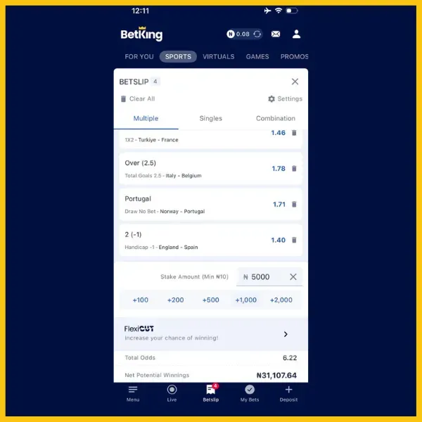 Bet slip showing qualifying selections for the BetKing Referral Code Bonus