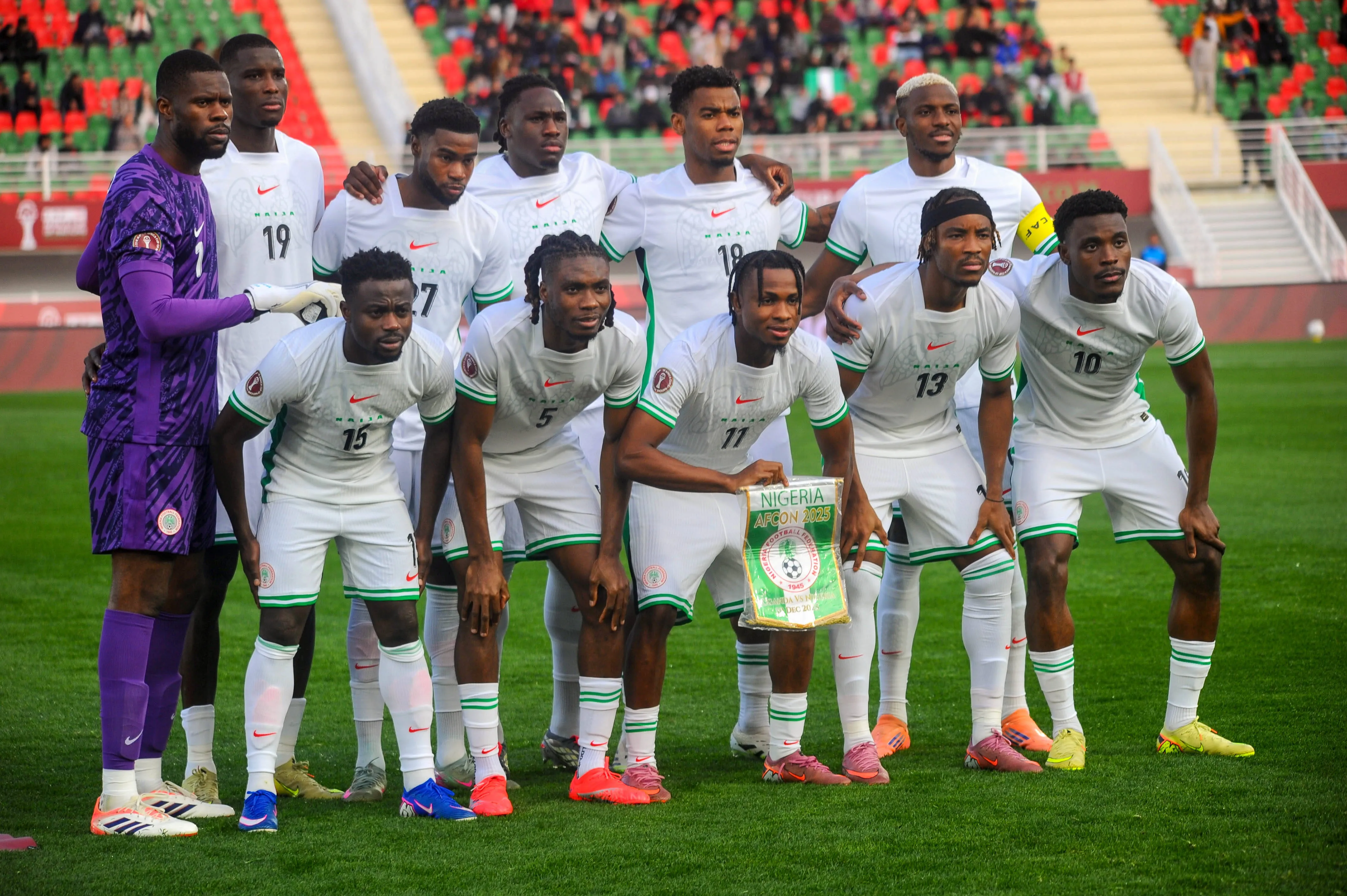 Francis Uzoho, Paul Onuachu, Ryan Alebiosu, Calvin Bassey, Raphael Onyedika, Victor Osimhen,Moses Simon, Igoh Ogbu, Samuel Chukwueze, Bruno Onyemaechi and of Nigeria during the Africa Cup of Nations AFCON match between Uganda and Nigeria