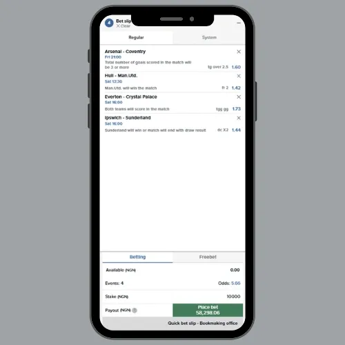 Mozzartbet bonus code bet slip with four EPL matches to wager deposit funds and get the bonus funds. 