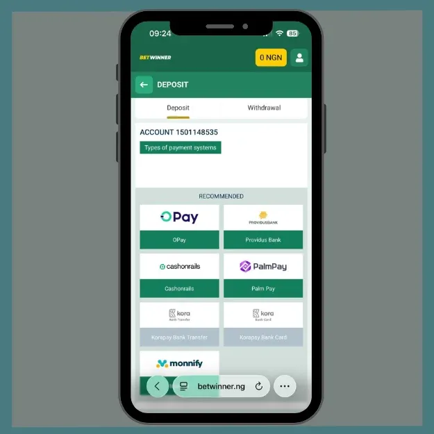 BetWinner Nigeria deposit page showing OPay and PalmPay as recommended payment methods
