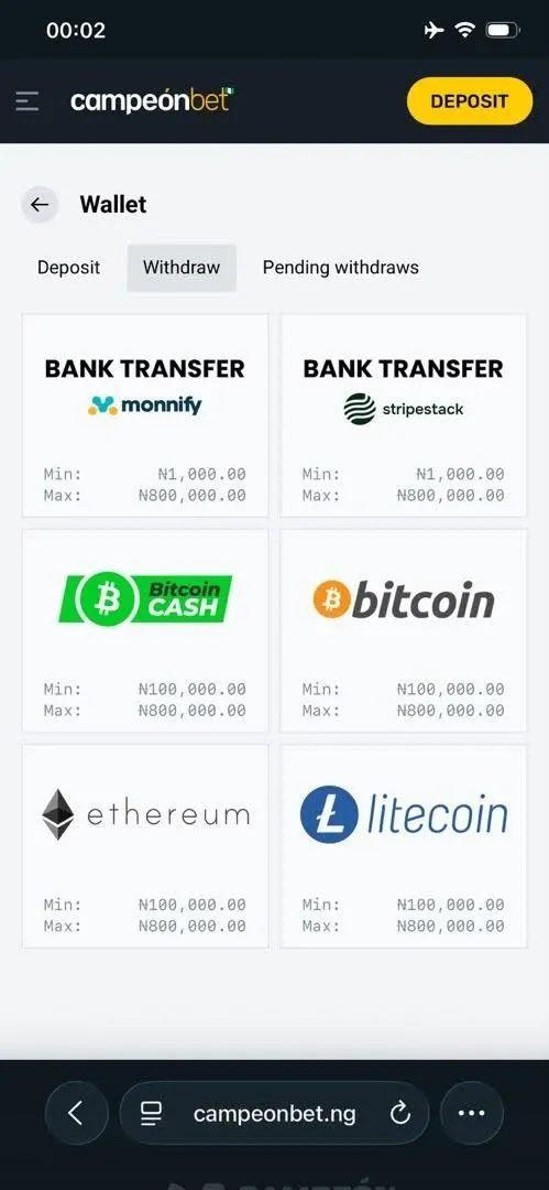 Campeonbet Wallet displaying supported coins for withdrawals.