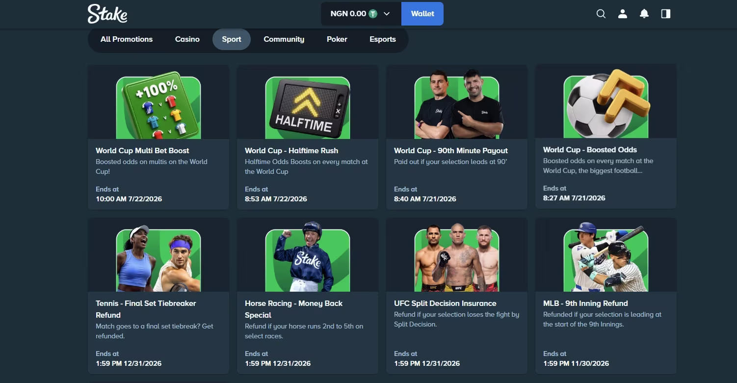 Stake promotion page with bonuses for World Cup and other sports betting promotions.