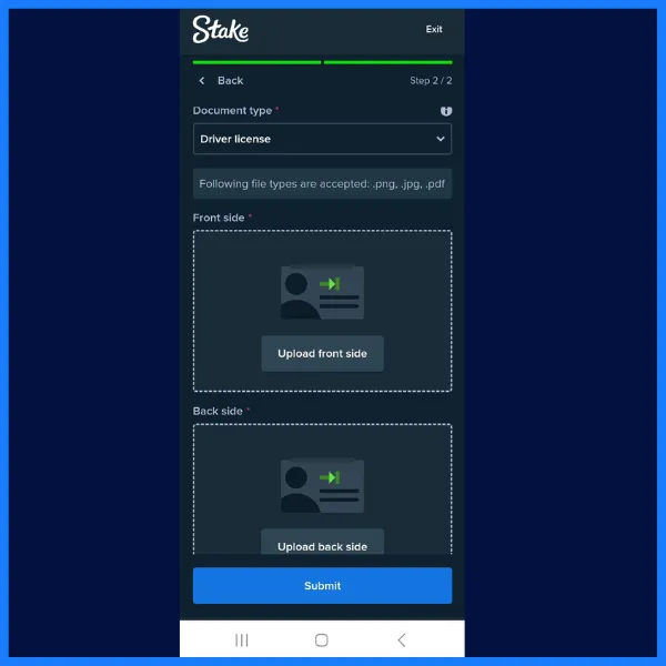 Stake.com identity verification screen showing options to upload the front and back sides of a driver&rsquo;s license, with fields for document type and file upload buttons.