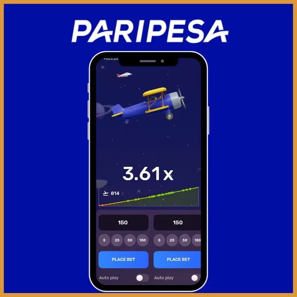 Paripesa app screen displaying a crash game interface with a rising multiplier of 3.61x, a plane graphic, and betting options including “Place Bet” buttons and stake amounts.