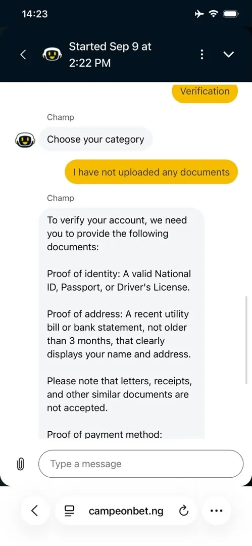 Conversation with Campeonbet Support Bot