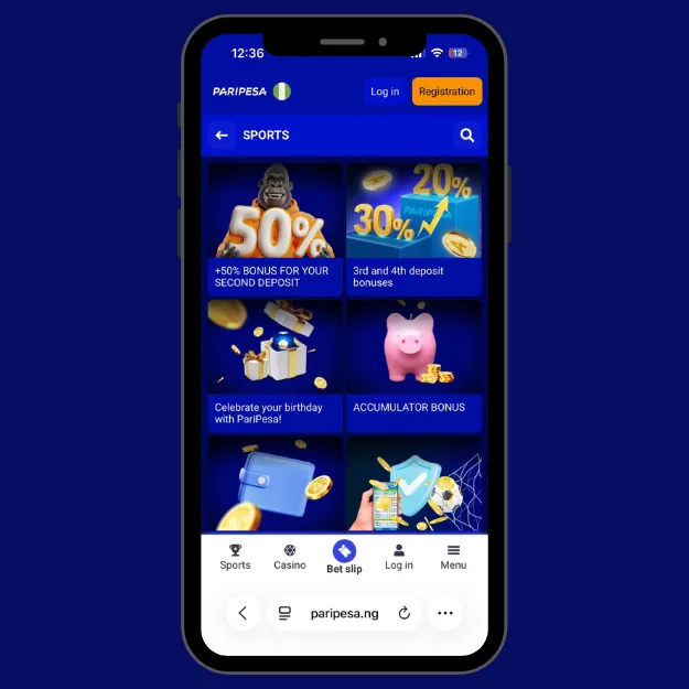 Paripesa bonuses for sports displayed on the page with offers like Accumulator Bonus, 50% bonus for second deposit bonus for 3rd and 4th deposit. 