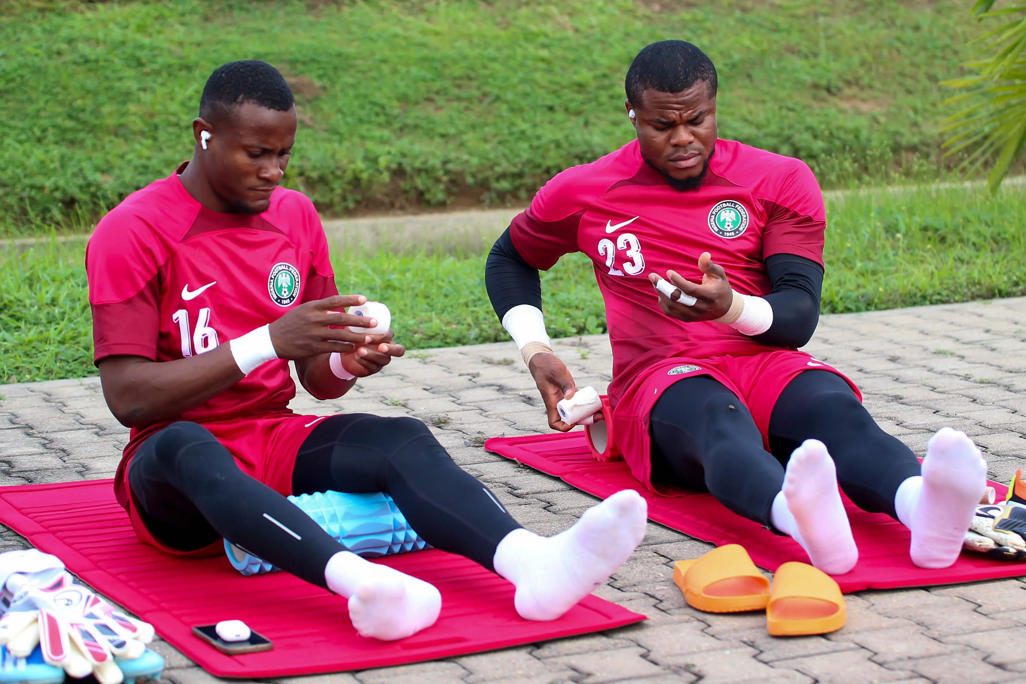 Stanley Nwabali and Goalkeeper Amas Obasogie during the Super Eagles of Nigeria training in preparation for the match against Cheetahs of Benin Republic in a 2025 AFCON