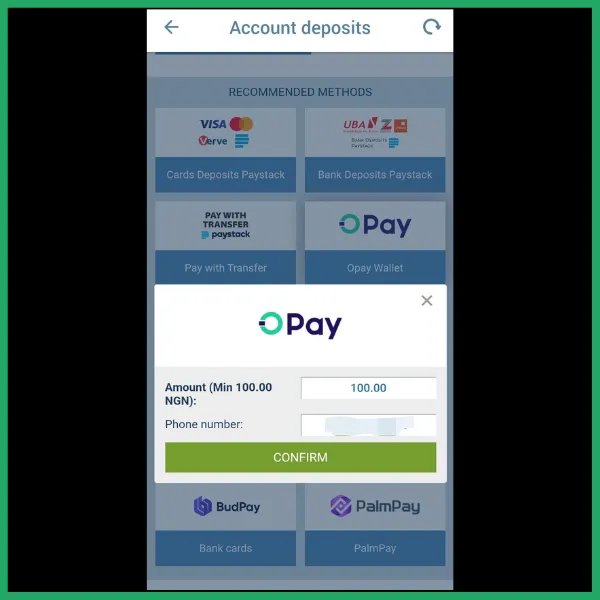 Account deposits page with recommended methods shown, an OPay deposit pop-up for amount and phone number, and a &ldquo;Confirm&rdquo; button.
