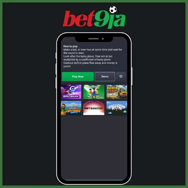 Bet9ja app showcasing a “How to Play” guide and game options like Spaceman, Danfo Crash, Meteoroid, and Balloon Run with Play Now and Demo buttons.