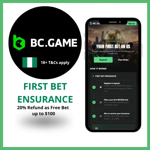 BC Game first bet ensurance promo that gives 20% refund as free bet up to $100.