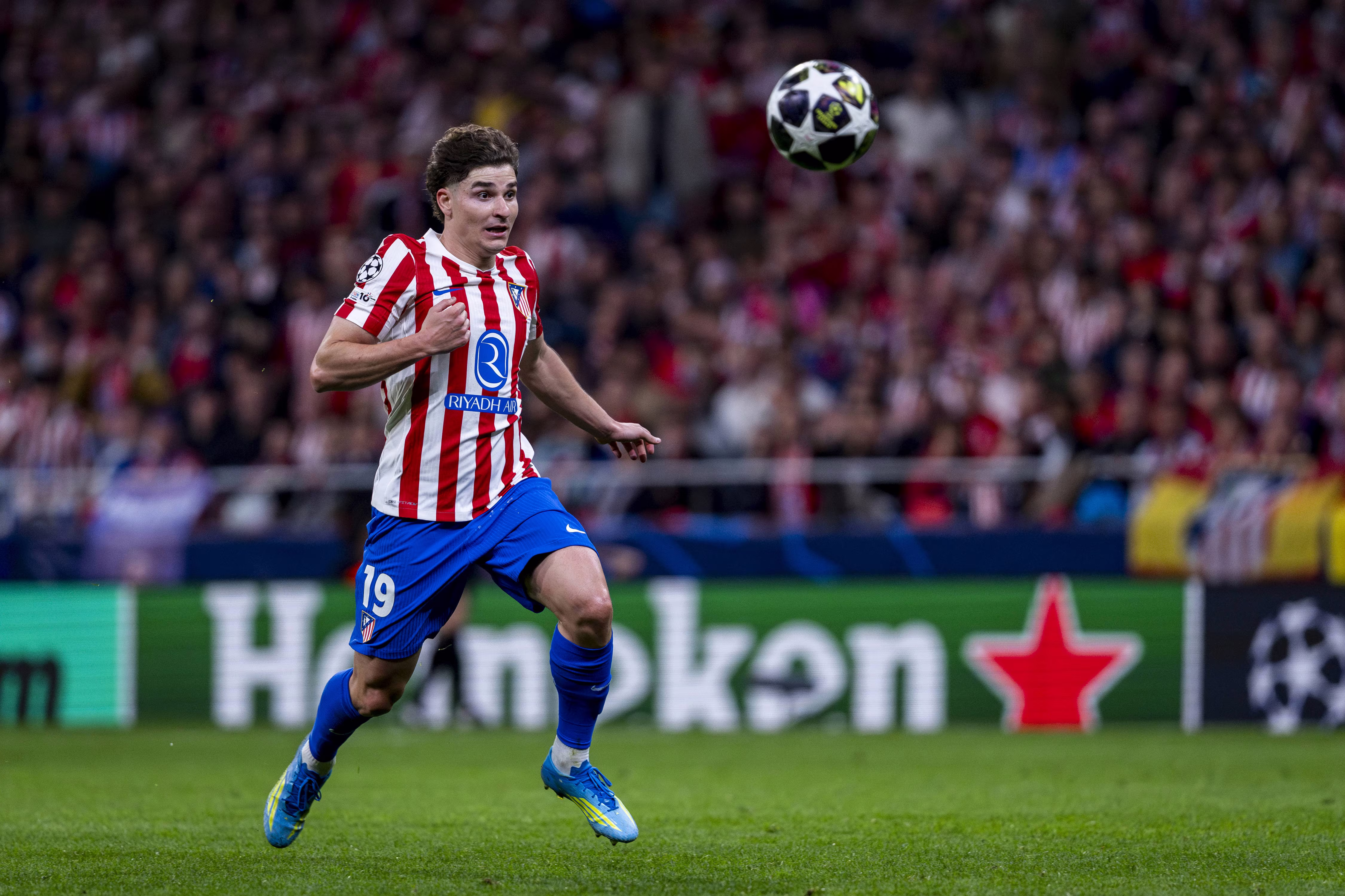 Julian Alvarez of Atletico de Madrid is in action with the ball during the UEFA Champions League 2025/26 Quarter-Final Second Leg match between Atletico de Madrid and FC Barcelona at Estadio Riyadh Air Metropolitano on April 14, 2026 in Madrid, Spain.