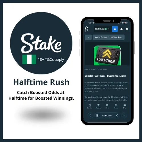 Stake Halftime Rush promo for players to catch boosted odds on selected WC matches at halftime.