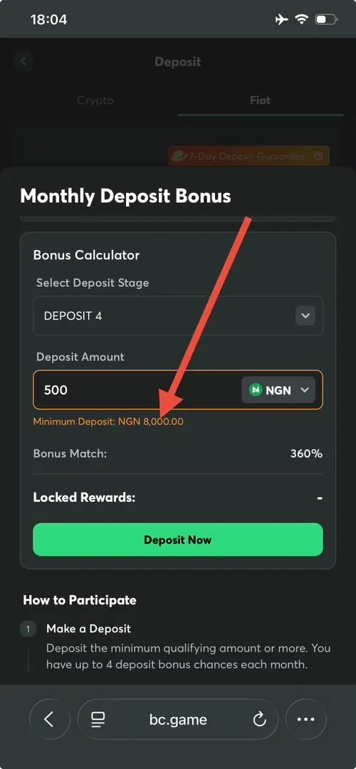 BC Game Bonus Calculator showing Minimum Deposit amount for Deposit 4