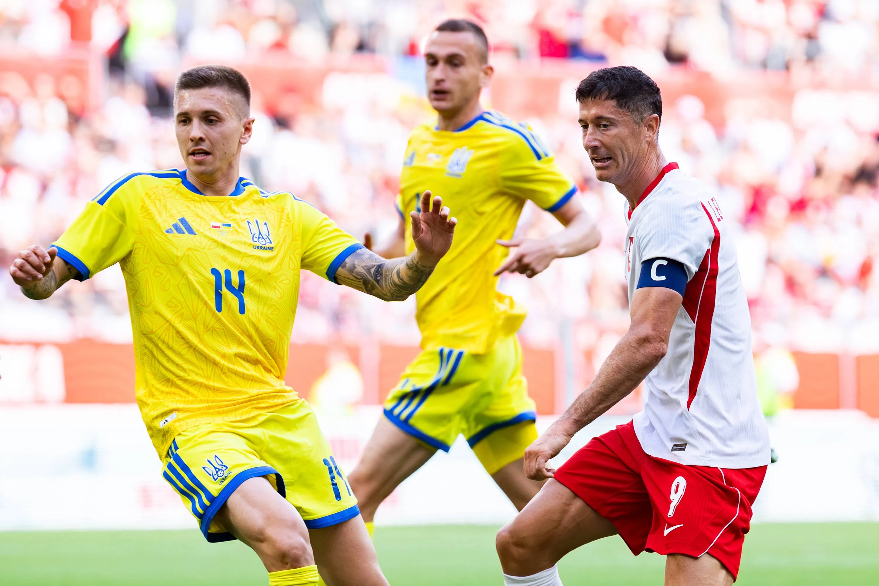 Robert Lewandowski in action during the Poland Vs Ukraine friendly match in Wroclaw, Poland