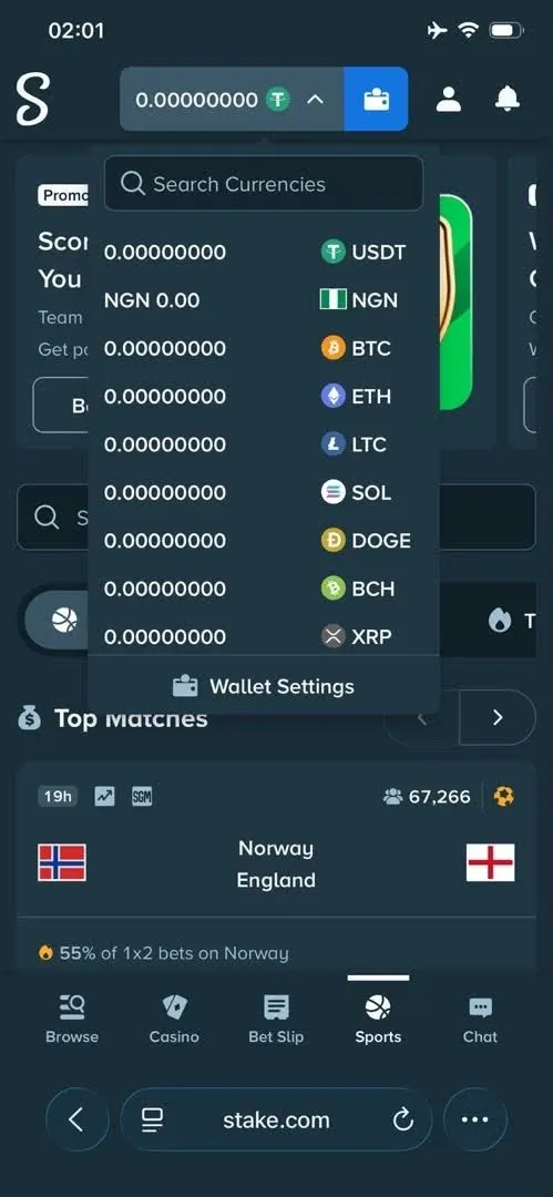 Stake crypto betting site wallet drop down showing supported cryptocurrencies.