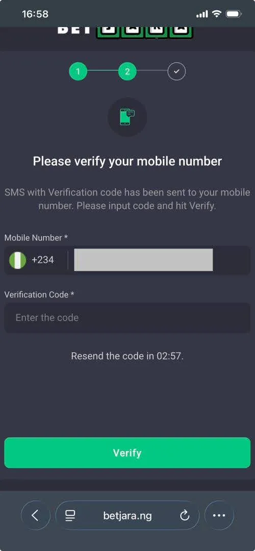 Betjara phone registration code confirmation