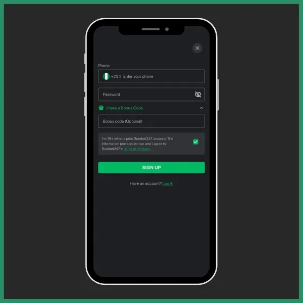 Surebet247 Sign Up form