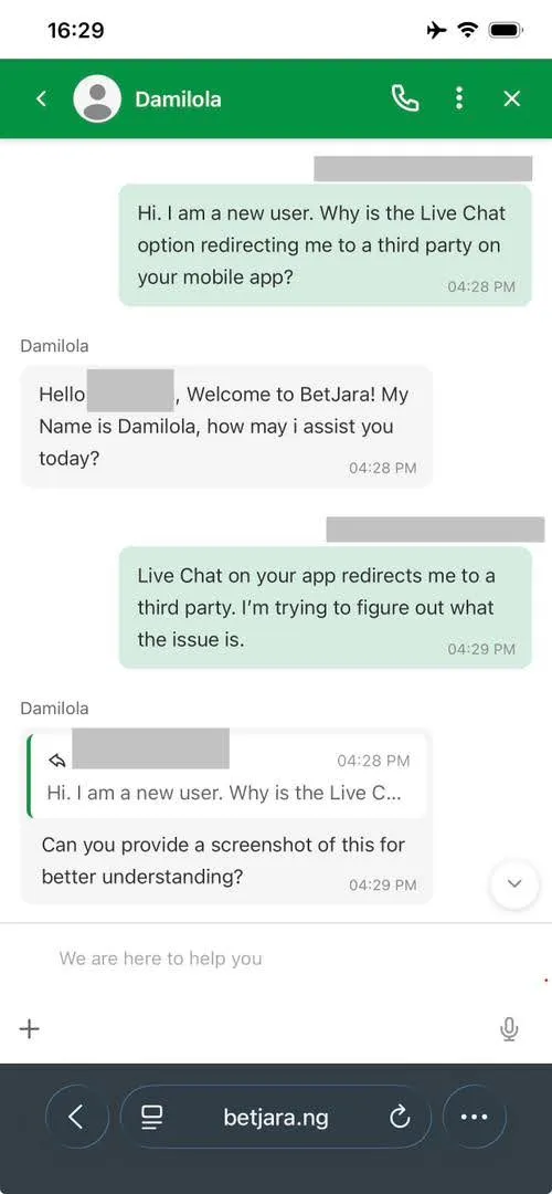 BetJara live chat conversation with a support agent about issues accessing live chat in the mobile app.