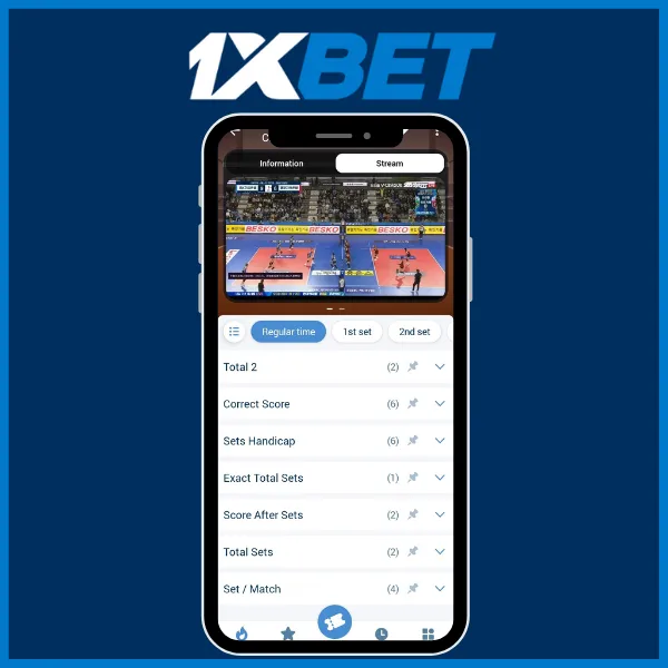 1xBet app displaying a live volleyball match stream alongside betting options for Total, Correct Score, Sets Handicap, and other categories, with tabs for “Regular time,” “1st set,” and “2nd set.”